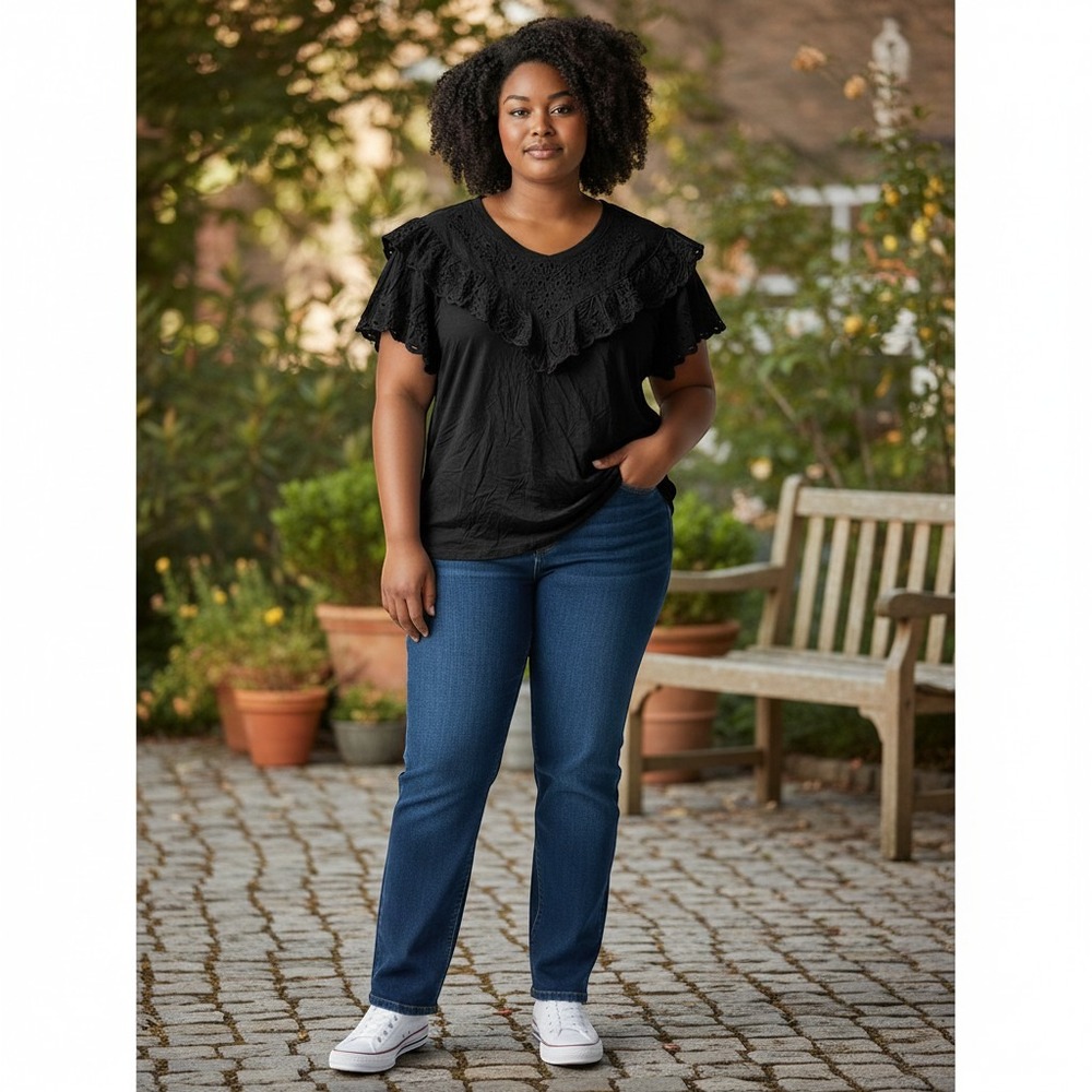 Democracy Ruffle Eyelet Top 1X Black Excellent Boho Flutter Sleeve Embroidery